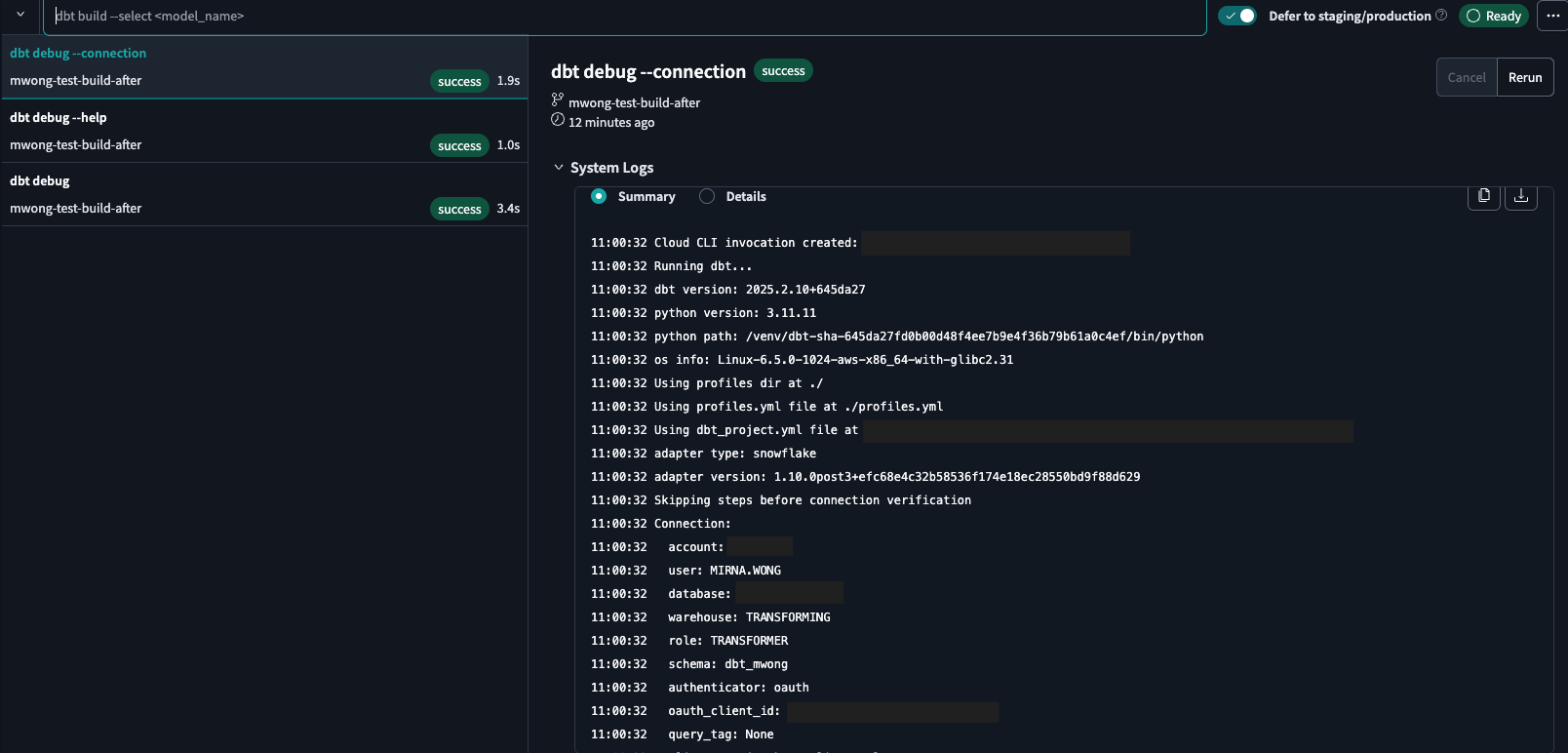 Test the connection in the dbt Cloud IDE